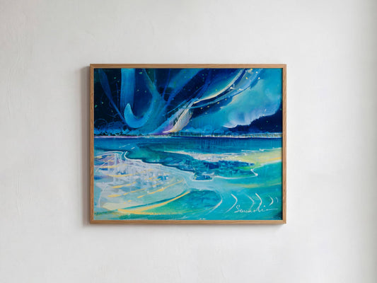 A framed painting depicting a vibrant blue and teal oceanscape with flowing aurora-like light patterns, hung on a textured white wall.